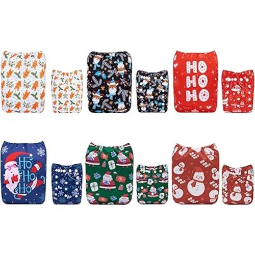 ALVABABY Christmas Cloth Diapers 6 Pack with 12 Inserts One Size Adjustable Washable Reusable for Baby Girls and Boys 6QM04