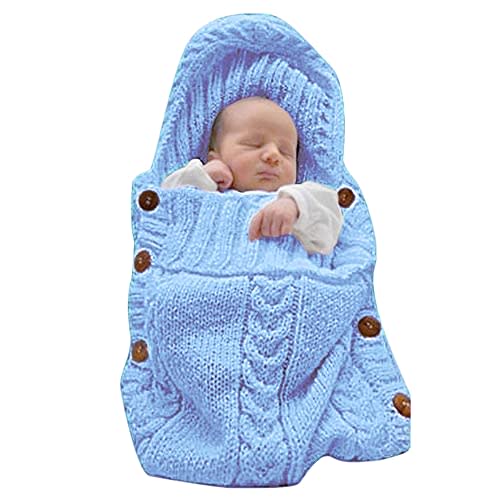 XMWEALTHY Newborn Baby Wrap Swaddle Blanket Knit Sleeping Bag Receiving Blankets Stroller Wrap for Baby(Light Blue) (0-6 Month)