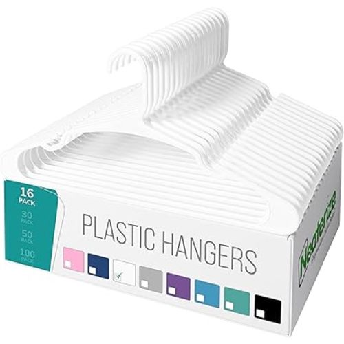 NEATERIZE Clothes Hangers 16 Pack White - Plastic Hangers - Ganchos Colgar Ropa