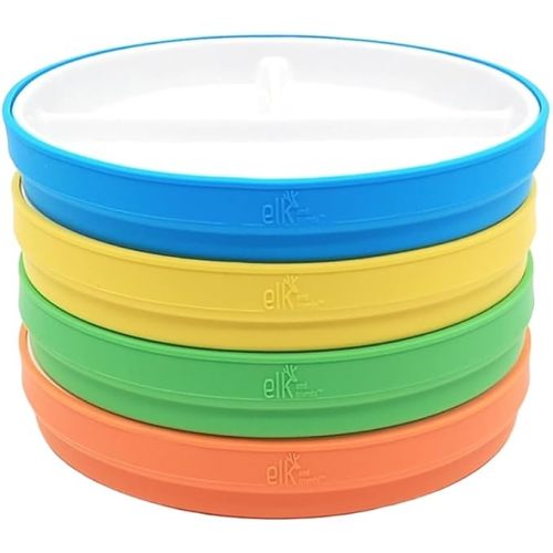 Elk and Friends Kids 7.8” Porcelain White Plates with Silicone Sleeves | Divided Plates | Suitable for Kids/Toddlers | Microwave & Dishwasher Safe | Non Slip | Snack Dishes…