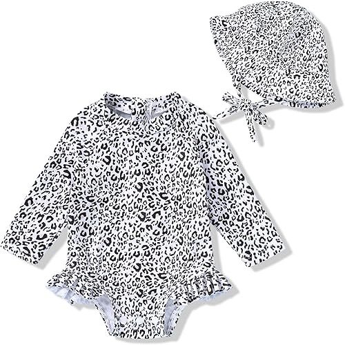 Infant Baby Girl Swimsuit One-Piece Long Sleeve Rash Guard with Hat Set Floral Zipper Bathing Suit Leopard Beach Wear