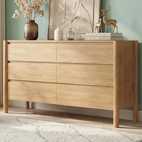 CHUWELL Dresser for Bedroom, 47" Wide Mid Century Modern Chest of Drawers with 6 Large Storage Space and 4 Solid Wood Cylindrical Legs, 6 Drawer Large Dresser for Bedroom(Oak)