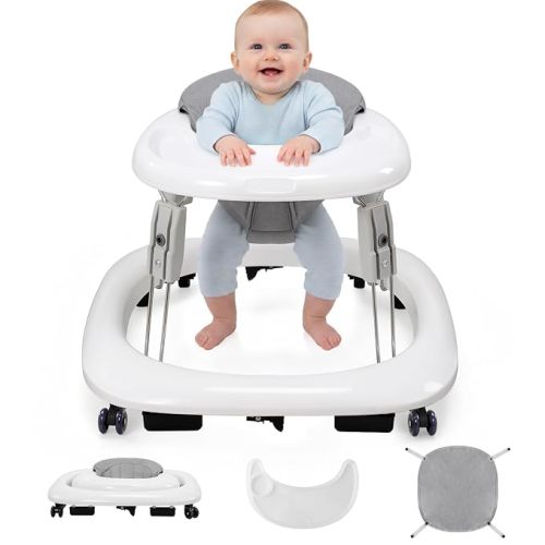 Baby Walker with Wheels, One-Touch Foldable Walker & 7‑Level Height Adjust
