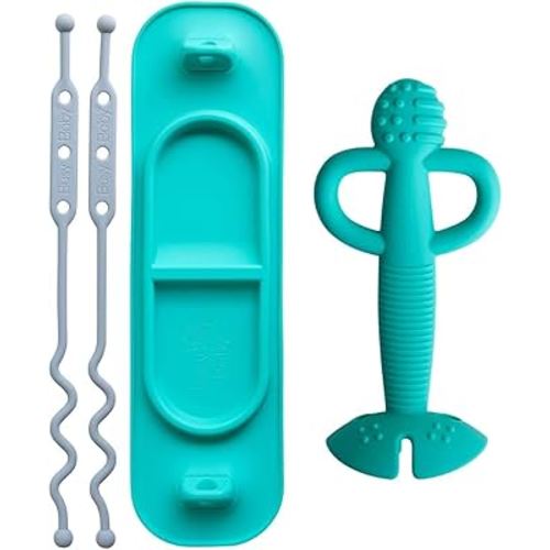 Busy Baby Bundle - Silicone Mini Mat and 2-in-1 Teething Spoon, Suction Placemat with Adjustable Tethers, Dishwasher Safe, BPA Free, Ideal for Baby Led Weaning
