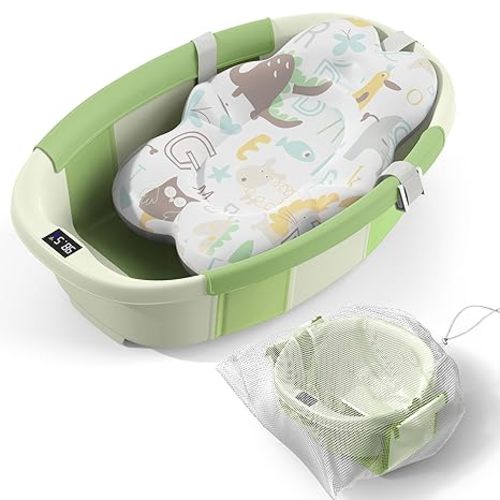 Collapsible Baby Bathtub - Large Baby Bath Tub with Thermometer & Cushion | Travel Portable Newborn Infant Bathtub | Foldable Toddler Bathtub for Baby 0 to 36 Months (Green)