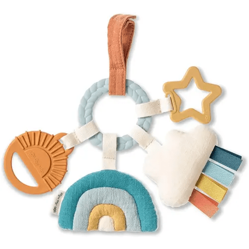 Itzy Ritzy Teething Activity Toy - Bitzy Busy Features Braided Ring and Dangling Toys, Includes Teether, Textured Ribbons, Crinkle Sound & Jingle Bell, Rainbow