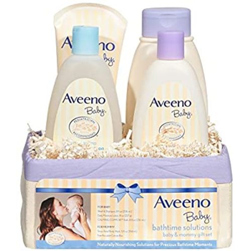 Aveeno Baby Daily Bathtime Solutions Gift Set including Baby Wash & Shampoo, Baby Calming Bath, Baby Moisturizing Lotion and Stress Relief Body Wash for Mom, 4 Items
