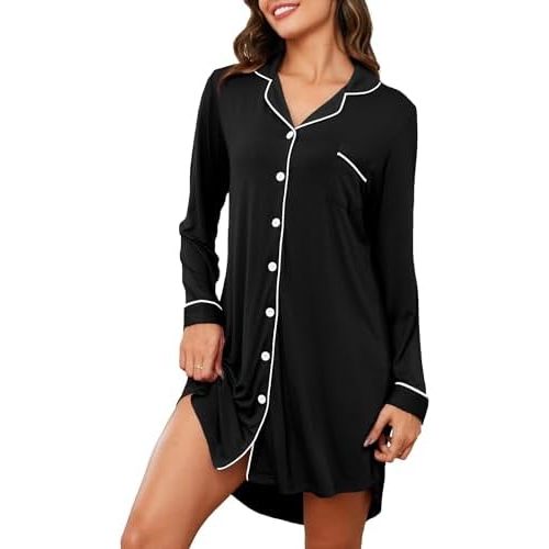 Women's Nightgown Short Sleeve Pajama Dress Soft Button Down Sleep Shirts Comfy Boyfriend Nightdress S-XXL