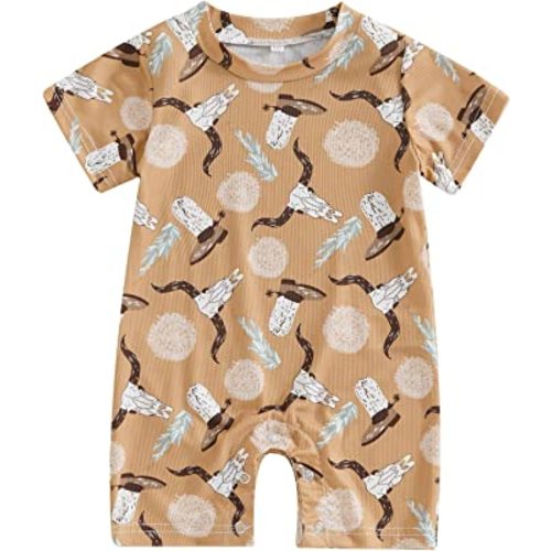 Gueuusu Country Baby Clothes Boy Girl Western Cow Print Short Sleeve Romper Bodysuit Ribbed One Piece Jumpsuit Summer Outfit