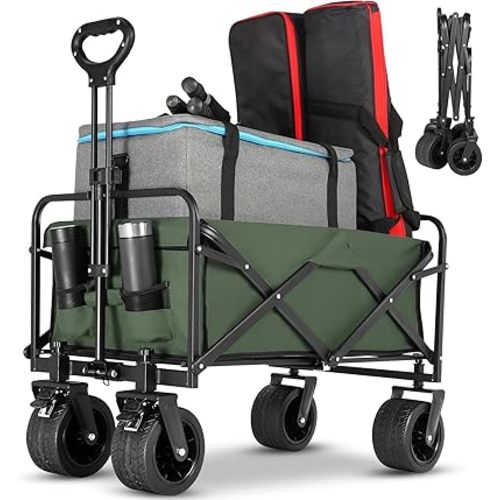 Collapsible Foldable Beach Wagon,Folding Wagon Cart with Big Wheels,Utility Grocery All Terrain Wagons carts Foldable with Brakes for Sand Camping Sports Outdoor(Light Green).