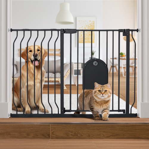 Caveen 29.5-48.4" Wide Pet Safety Gate with Cat Door Pressure Mount, Black