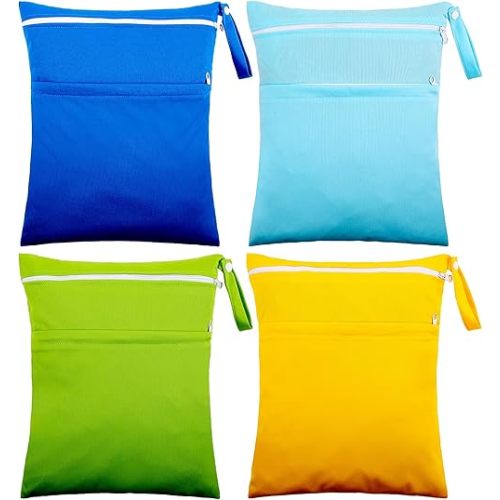 4 Pcs Wet Dry Bag for Baby Cloth Diapers Waterproof Wet Bag Washable Travel Bag Reusable Cloth Diaper Bag with 2 Pocket Toddler Swim Wet Bag for Travel Beach Pool (Sky Blue, Yellow, Green, Navy Blue)