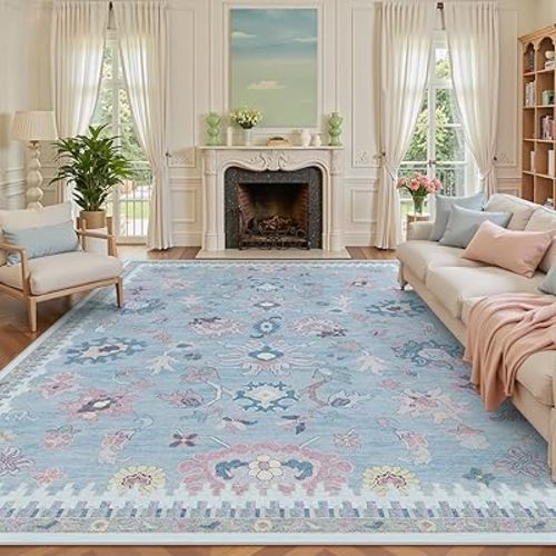 7x9 Washable Area Rugs - Modern Oushak Rug Vintage Floral Carpet for Living Room Non-Slip Low Pile Soft Machine Washable Carpet for Bedroom, Dining Room, Nursery, Farmhouse (7'x9', Blue and Pink)