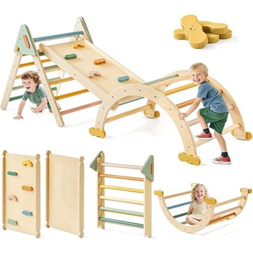 Tiny Land Pikler Triangle Set,7-in-1 Foldable Montessori Toddler Climbing Toys Indoor, Wooden Playground Jungle Gym for Kids, Climber Gift for Boys & Girls Toddler Climbing Toys (Morandi)