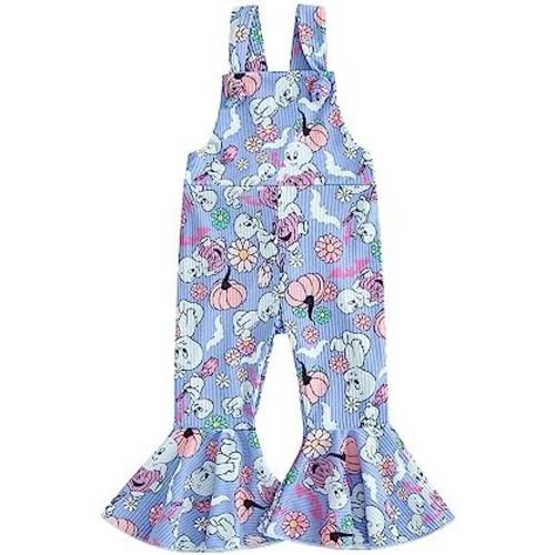 YOKJZJD Toddler Baby Girl Halloween Outfit Pumpkin Ghost Suspender Romper Jumpsuit Overalls Bell Bottom Pants Fall Clothes