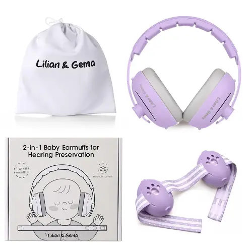 Lilian&Gema 2-in-1 Baby Ear Muffs Noise Protection up to 48 Months - Baby Airplane/Travel Essentials - Adjustable Noise Reduction Earmuffs - Ear Protection Headphones for Infant & Toddler, Purple
