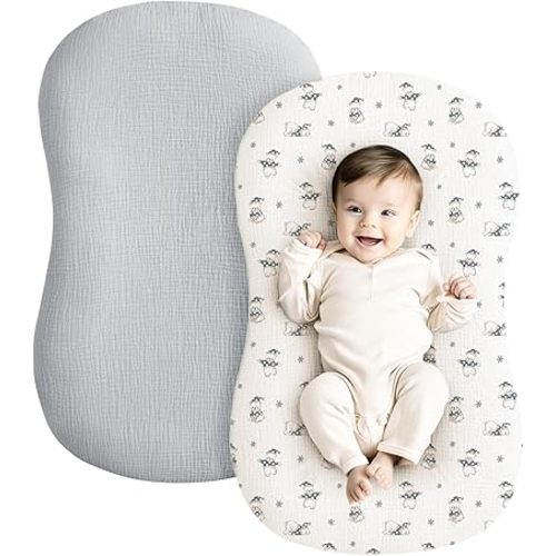 Konssy Muslin Baby Lounger Cover 2 Pack, 100% Cotton Newborn Lounger Cover, Soft and Breathable Lounger Cover for Boys Girls, Covers Only (Bear,Grey)