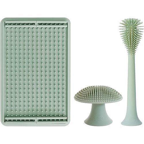 ezpz Kitchen Trio Set (Sage) - 100% Silicone + Suctions in Place Drying Rack + Adjustable Pegs +Bottle Brush +Mushroom Sponge with Suction Base- Dishwasher Safe- Durable- Long-Lasting