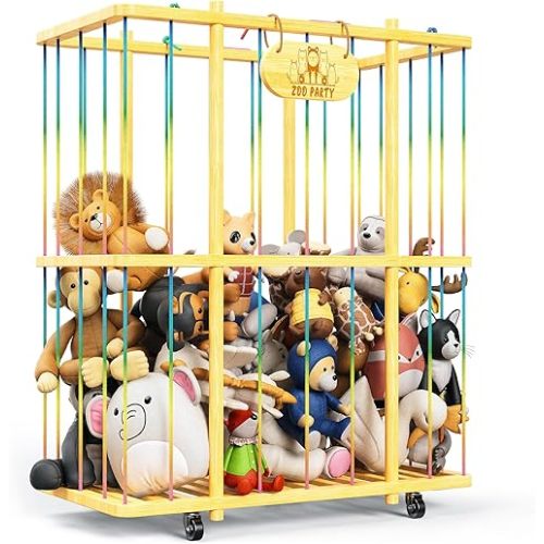 Extra Large Stuffed Animal Organizer, Bamboo Stuffed Animal Zoo Storage Cage, Stuffed Animal Holder with Wheels, Plush Animal Storage Organizer, Stuffed Animals Storage for Playroom (Bamboo)