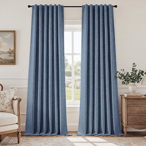 HOMEIDEAS 100% Blackout Faux Linen Curtains,Stone Dusty Blue Modern Farmhouse Luxury Curtains 84 Inches Long 2 Panels, Rod Pocket & Back Tab for Boho Vintage Living Room,Bedroom Decor