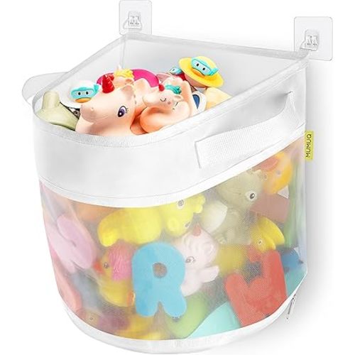 Bath Toy Storage, 4.15 Gallons Bath Toy Holder Wall-Mounted Shower Caddy Bottom Zipper Bathtub Toys Storage Mesh Organizer Bag, Quick Access Baby Shower Games Toys Organizer Accessory White (L)