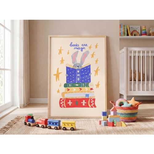 Books Are Magic Bunny Reading Print, Whimsical Kids Room Rabbit Nursery Poster, Colorful Book Lover Decor Illustrated Children's Art Print