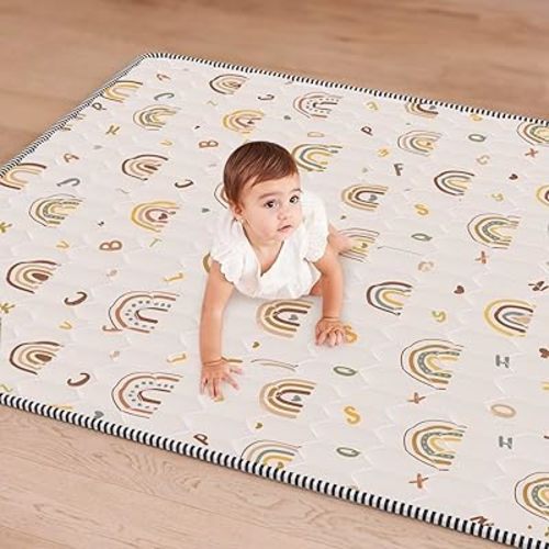 Boho Rainbow Baby Play Mat 50" X 50" Playpen Mat Thicken One-Piece Baby Crawling Mat Non-Slip Cushioned Baby Floor Mat with Lettters, Activity Playmats for Infants, Babies, Toddlers (50X50,Beige)