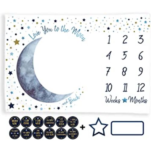 Milestone Blanket Boy, Blue Moon Month Tracker, First Year Calendar Monthly Growth Chart, Photo Prop Mat, Baby Boy Shower Gifts, I Love You to the Moon and Back Nursery, (Minky 60"x40")