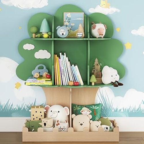Tree Kids Bookshelf with Bottom Fence, Toddler Bookshelf for Kids, Baby Montessori Bookshelf and Toy Storage, Wooden Bookcase, Book Shelf for Kids Rooms, Nursery, Bedroom, Playroom, Green