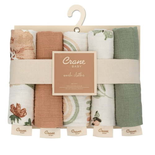 Crane Baby Wash Cloth Set, 100% Cotton Baby Washcloths, Set of 5 Baby Washcloths, Pink Floral Theme, Baby Washcloths For Newborn, Muslin Baby Washcloths, Newborn Baby Gift, Baby Registry Gift