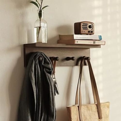 Entryway Coat Rack Hooks with Shelf, Sturdy Wooden Floating Shelf with Hooks, Wall Organizer with 4 Hooks siutable for Entrance, Mudroom, Kitchen, Bathroom, etc(Walnut Finish)