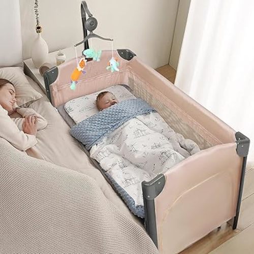 JOYMOR Baby Bedside Bassinet, Baby Bassinet with Replacement Sheet, Pack n Play Convert Playpen, Quick Foldable Travel Bassinet Bed, with Toy, Wheels & Brake, Carry Bag for Boys Girls, Beige