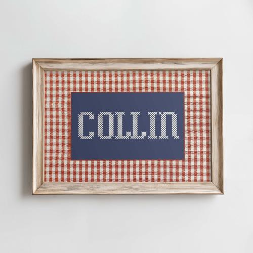 Vintage Boy Name Sign, Cross Stitch Inspired Wall Art, Gingham Baby Name Art, Personalized Nursery Decor, Classic Baby Art, Southern Nursery
