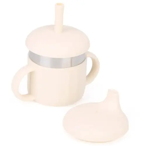 Baby Sippy Cup, Silicone Training Stainless Steel Kid Cups, Break Resistant Straw Lid Cup for Infants 6-12 Month Toddlers and 1-3 Year Kids, 7.4 Oz Water Drinking Cup (Beige, 1pc)