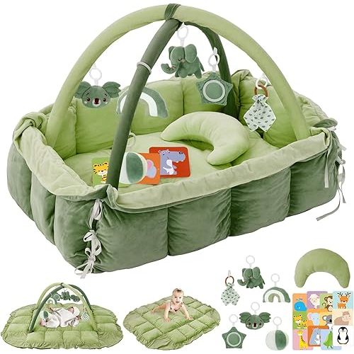 5-in-1 Plush Baby Play Gym, Baby Play Mats, Convertible Baby Gym with Pillow, Tummy time mat, Baby&Ped Bed, 6 Sensory Toys, Baby Activity Center from Newborn to Toddler, Cat&Dog Bed, Ball Pit, Green