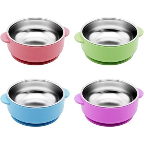4 Pack 304 Stainless Steel Baby Bowls with Suction & Removable Non-Slip Silicone Shell, Anti-Scald Snack Bowls for Toddlers & Kids Feeding – BPA-Free, Easy to Clean (4 Colors)
