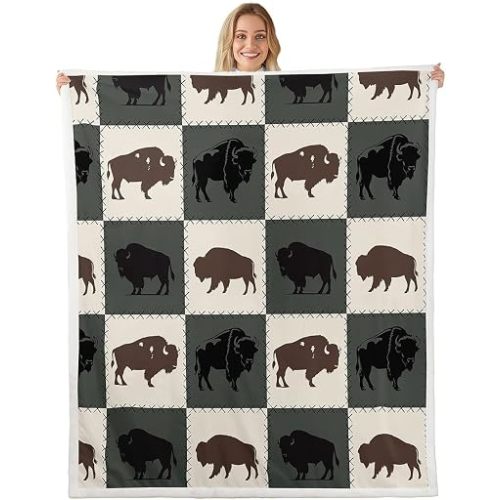 Feelyou Buffalo Sherpa Blanket Baby 30"x40" Wild American Bison Fleece Throw Blanket for Bed Sofa Couch Kids Wild Animal Rustic Lodge Cabin Farmhouse Plush Green Plaid Fuzzy Room Decor