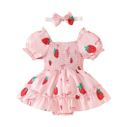 TJUJUSO Toddler Girls Dresses A Line Bow Print Romper Dress T-Shirt Dress for Summer Baby Girl Puff Short Sleeve Drawstring Dress Sweet Strawberry Bow Headband Outfits Red 3-6 Months