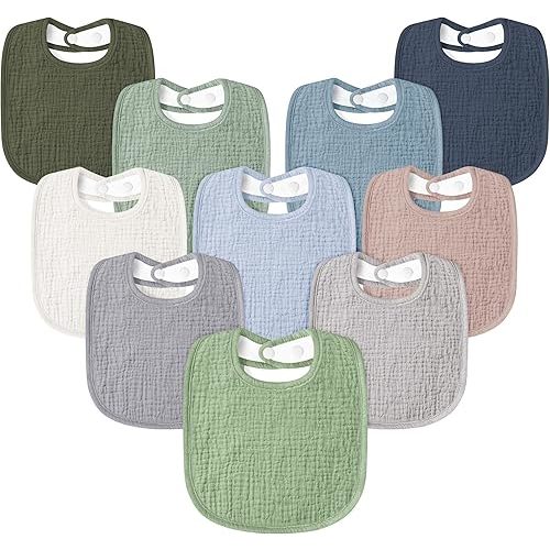 Susurration Muslin Baby Drool Bibs 10Pack Soft Square Adjustable Bandana Bibs for Unisex Newborn Baby Girls&Boys