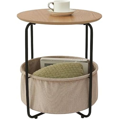 Round Side Table, Small End Table with Fabric Basket, Modern Nightstand for Living Room, Bedroom and Nursery