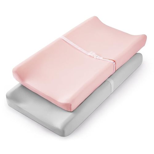 TILLYOU Changing Pad Cover Set in Soft Jersey Material Diaper Changing Table Sheets - Fits 32"/34''x16 Contoured Pad for Babies,Peachy Pink & Lt Gray