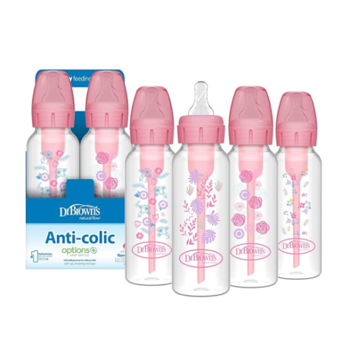 Dr. Brown's Natural Flow Anti-Colic Options+ Narrow Baby Bottle, Pink Floral, 8 oz/250 mL, with Level 1 Slow Flow Nipples, 0m+, 4 Pack