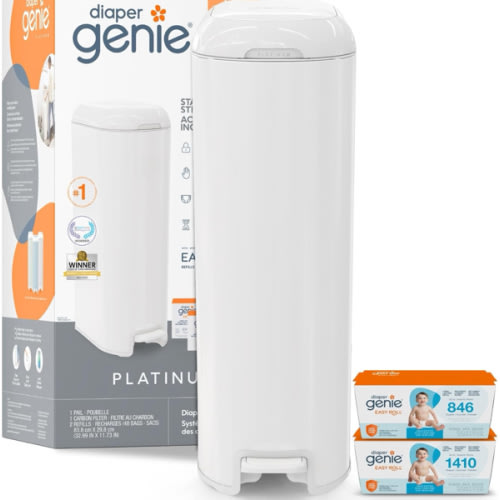 Diaper Genie Platinum Pail Gift Set, Lily White, Made of Durable Stainless Steel and Includes 2 Easy Roll Refills with 18 Bags and 30 Bags