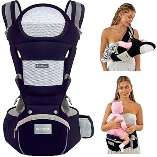 Travel Buddy Baby Carrier | 4-in-1 with Hip Seat and Sling | Adjustable Size for Dad & Mom | Back & Lumbar Support | Ergonomic M Position Develops Healthy HIPS | 3-44lbs Newborn & Toddler Carrier