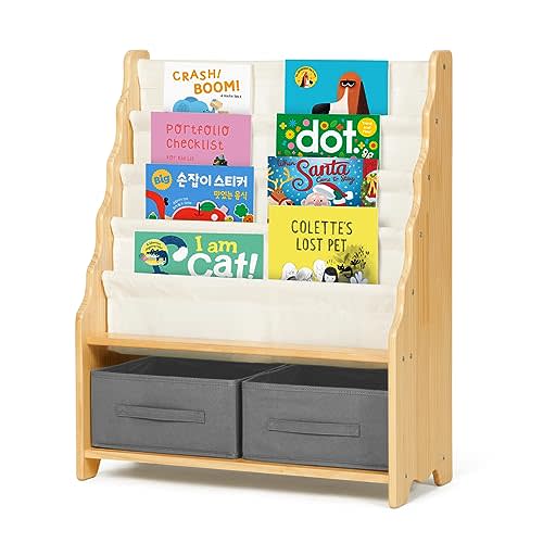 OOOK Solid Wooden Montessori Bookshelf for Kids, 27.6" L x 11" W x 34" H Toddler Bookshelf Equipped with 4 Sling Book Shelf 2 Toy Organizer Shelves and Storage Boxes