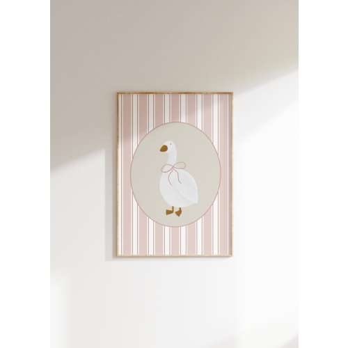 Cute Goose Poster Light Pink Stripe Nursery Decor Vintage Aesthetic Nursery Farm Nursery Decor Girl's Room Goose Print Blue Bow Coquette Art