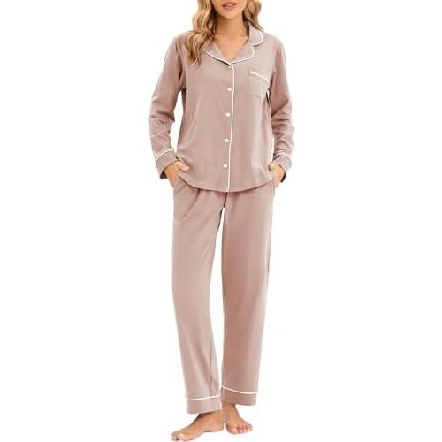 LUBOT 100% Cotton Pajamas for Women PJ Set Soft Button-Down 2 Piece Set Knitted Long Sleeve Sleepwear Loungewear XS-XXL
