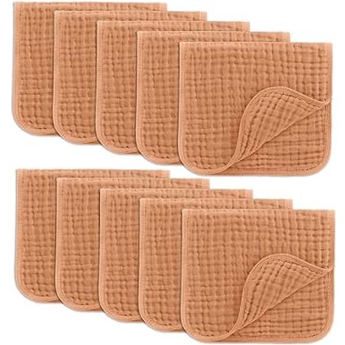 Comfy Cubs Muslin Burp Cloths 20" x 10", Pack of 10 - Large, 6-Layer, Ultra Absorbent 100% Cotton for Baby Drool and Messes - Soft, Safe & Gentle Baby Burp Cloths for Boys & Girls - Caramel
