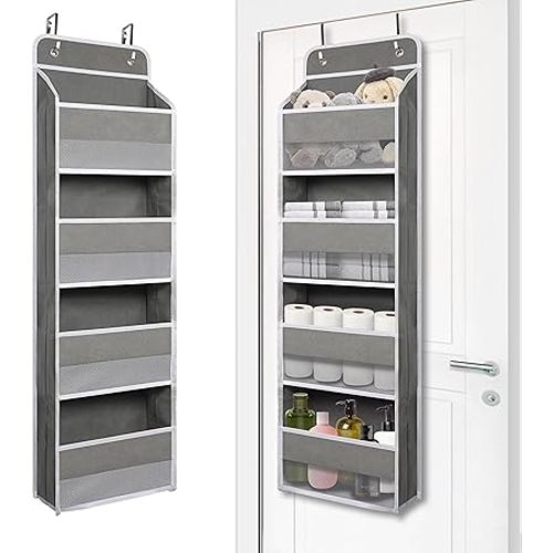 Over Door Organizer with 4 Large Capacity Pockets, Heavy Duty Hanging Organizer Storage for Closet Bathroom Nursery Bedroom Dorm, Toys Cosmetics Sundries and Baby Essentials, Gray