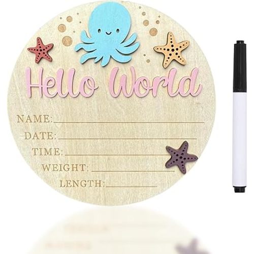Baby Announcement Sign, 5.9 Inch Hello World Newborn Sign for Hospital, 3D Wooden Ocean Nursery Decor with Octopus & Starfish, Birth Stats Plaque with Marker, Arrival Photography Prop for Boy (Pink)